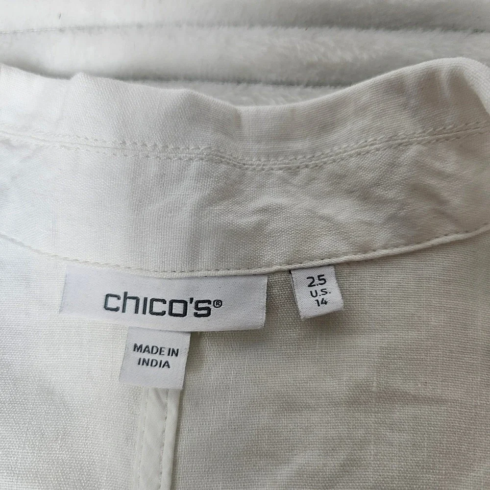 Chico's Linen Roll‎ Sleeve Stretch Blazer 2.5 (14) Ivory Open Front Zip Pocket